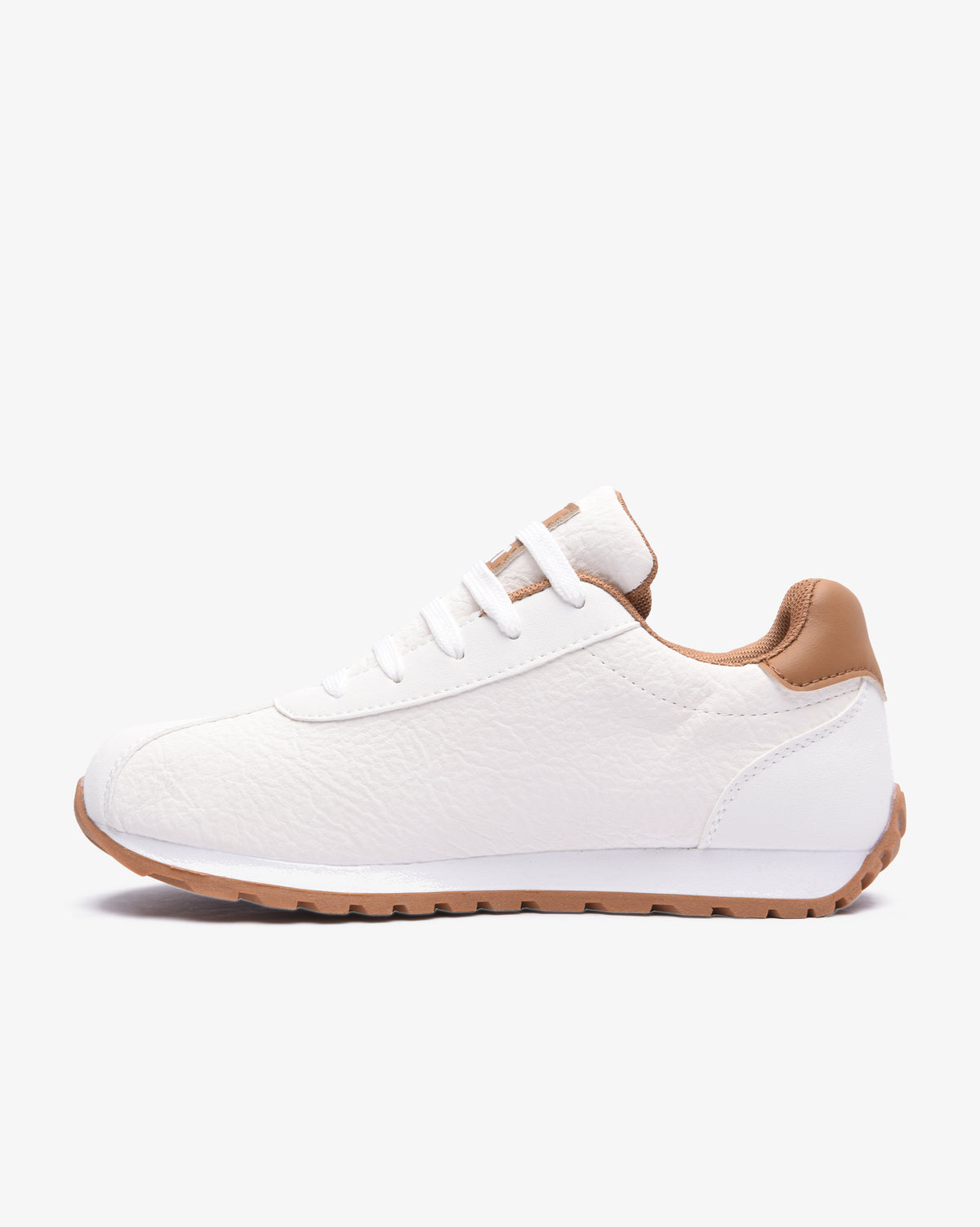 Ladies Imogen PU lace-up sneaker by Soviet, white and brown footwear with stylish design and comfortable fit.