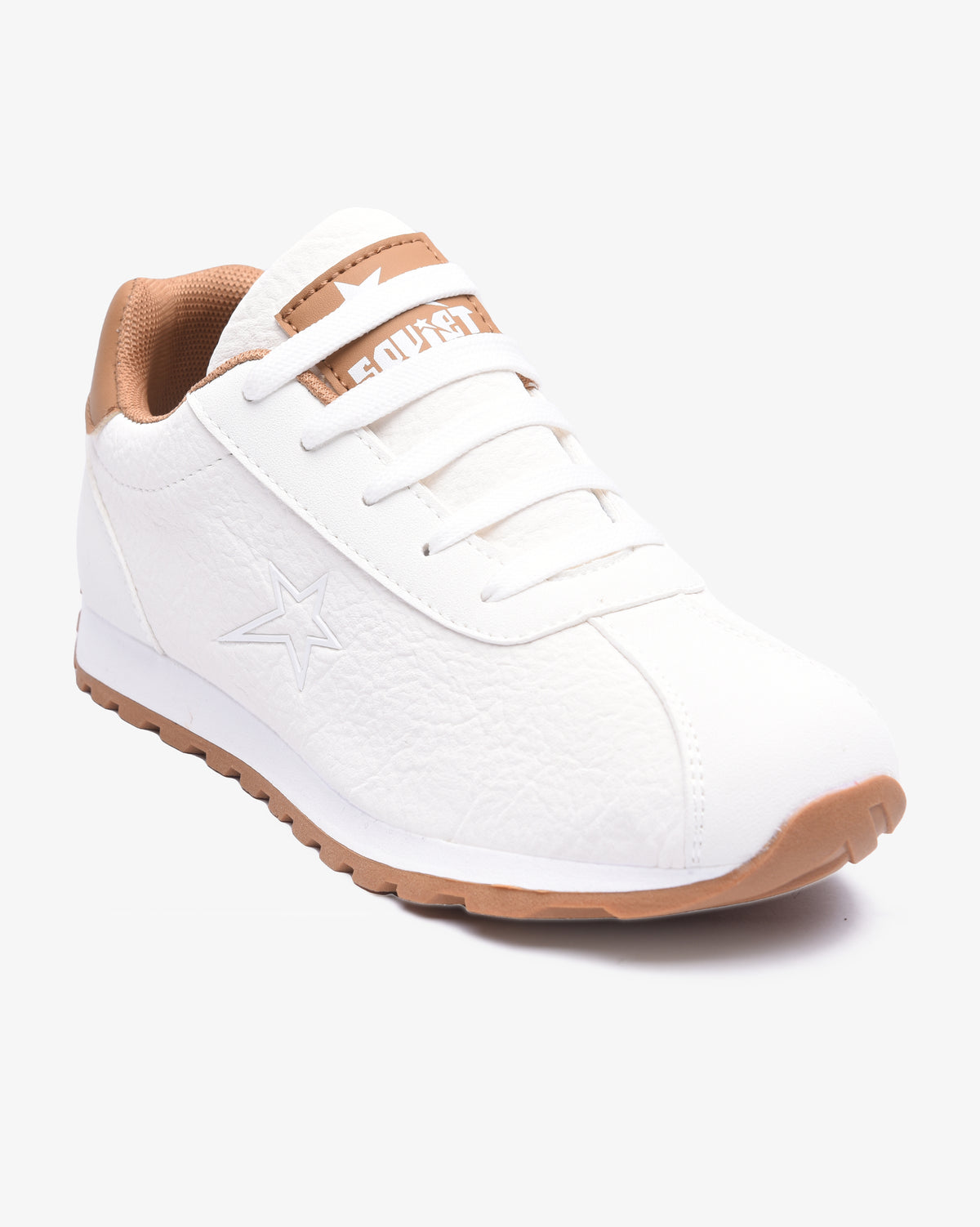 Ladies Imogen PU lace-up sneaker by Soviet, white and brown footwear with stylish lace-up design and comfortable sole.