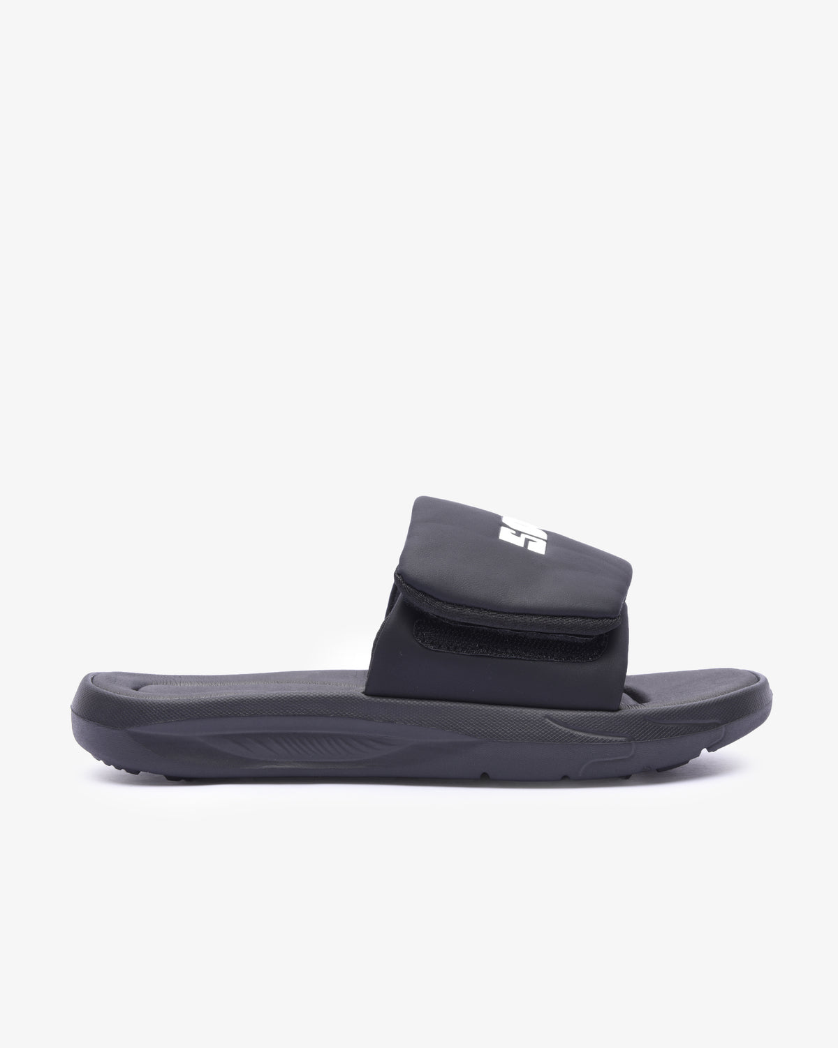Black Soviet Ladies Madge Eva padded slider sandal with cushioned straps and flat sole, casual footwear for comfortable summer wear.