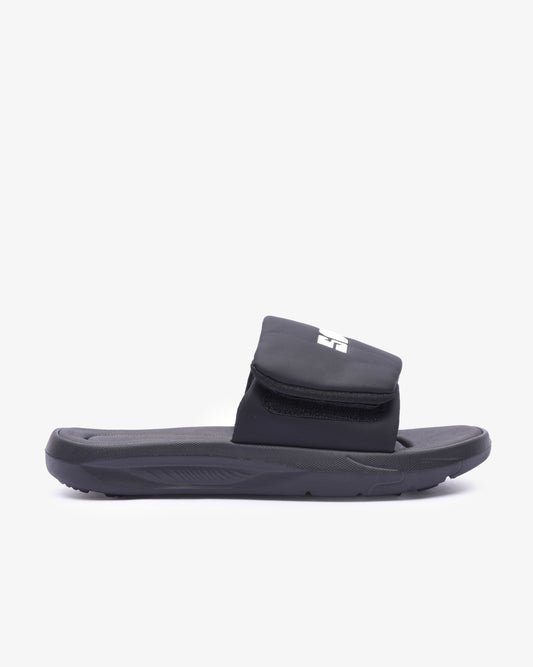 Black Soviet Ladies Madge Eva padded slider sandal with cushioned straps and flat sole, casual footwear for comfortable summer wear.
