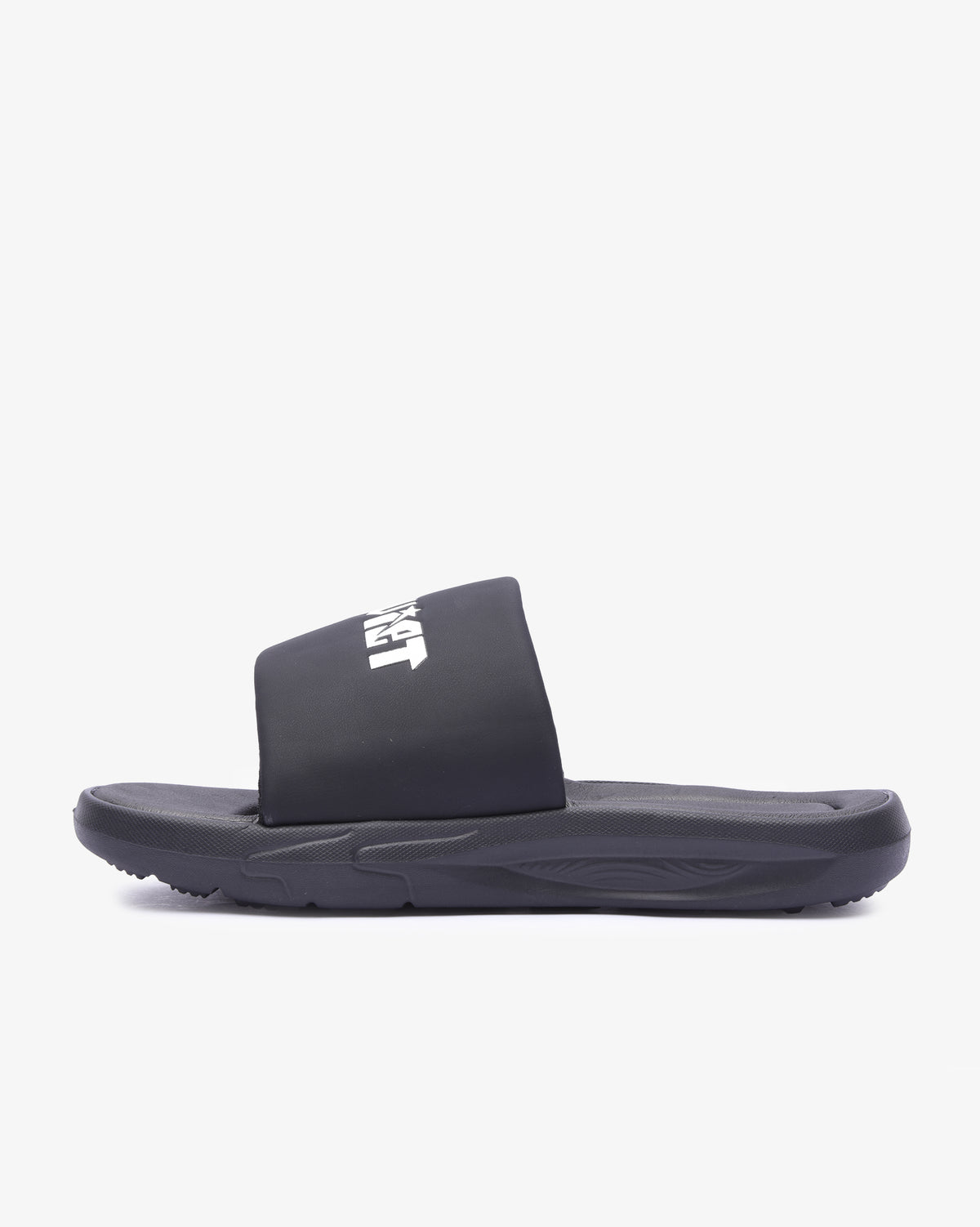 Black Soviet Ladies Madge Eva padded slider sandal with white accents, featuring a comfortable slip-on design and cushioned footbed.