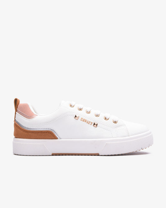 Ladies Mahogany PU multi-panel lace-up sneaker by Soviet, featuring stylish design in ivory, pink, and tan tones.