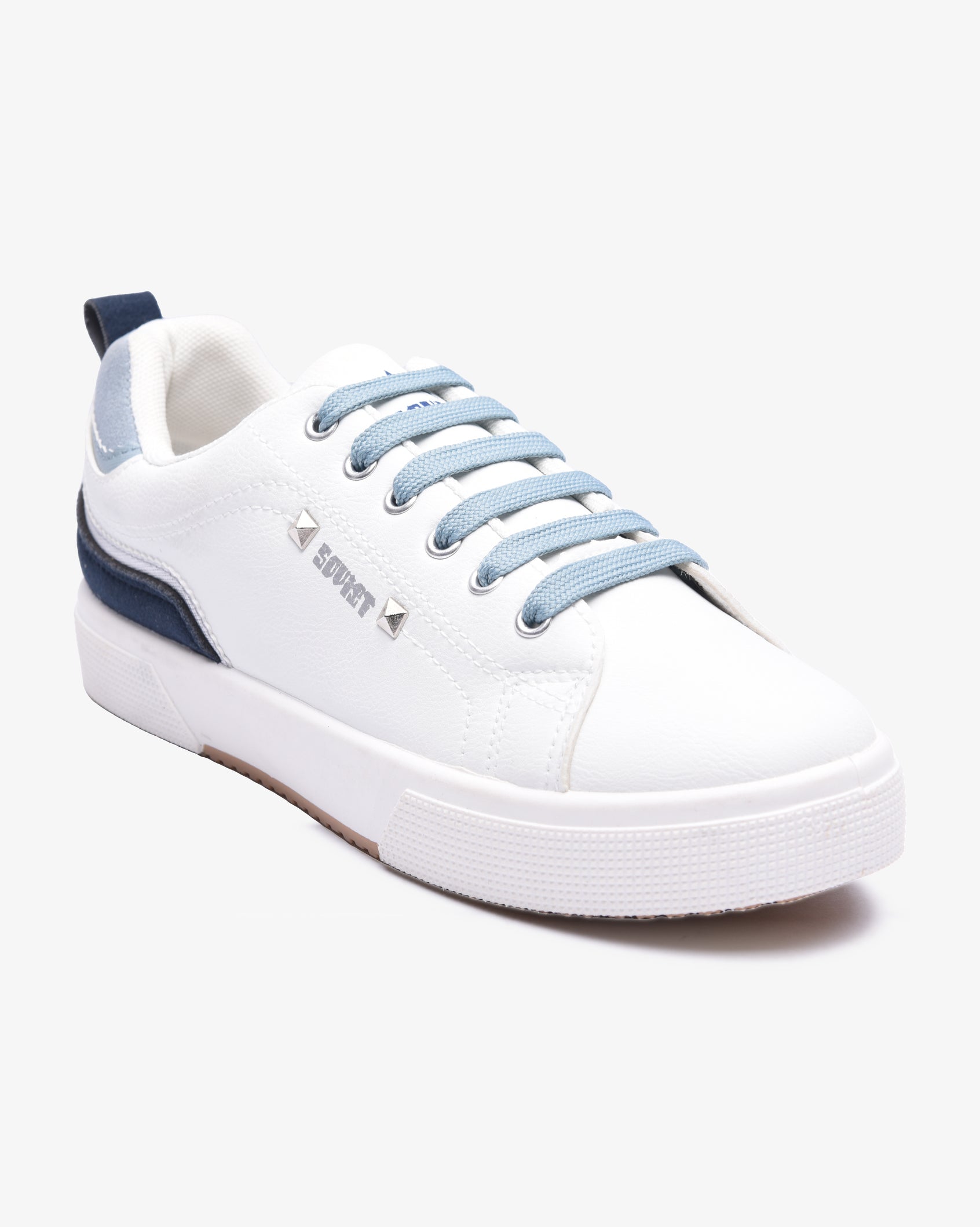 Ladies Mahogany PU multi-panel lace-up sneaker by Soviet, featuring white and baby blue color accents, casual footwear for women.