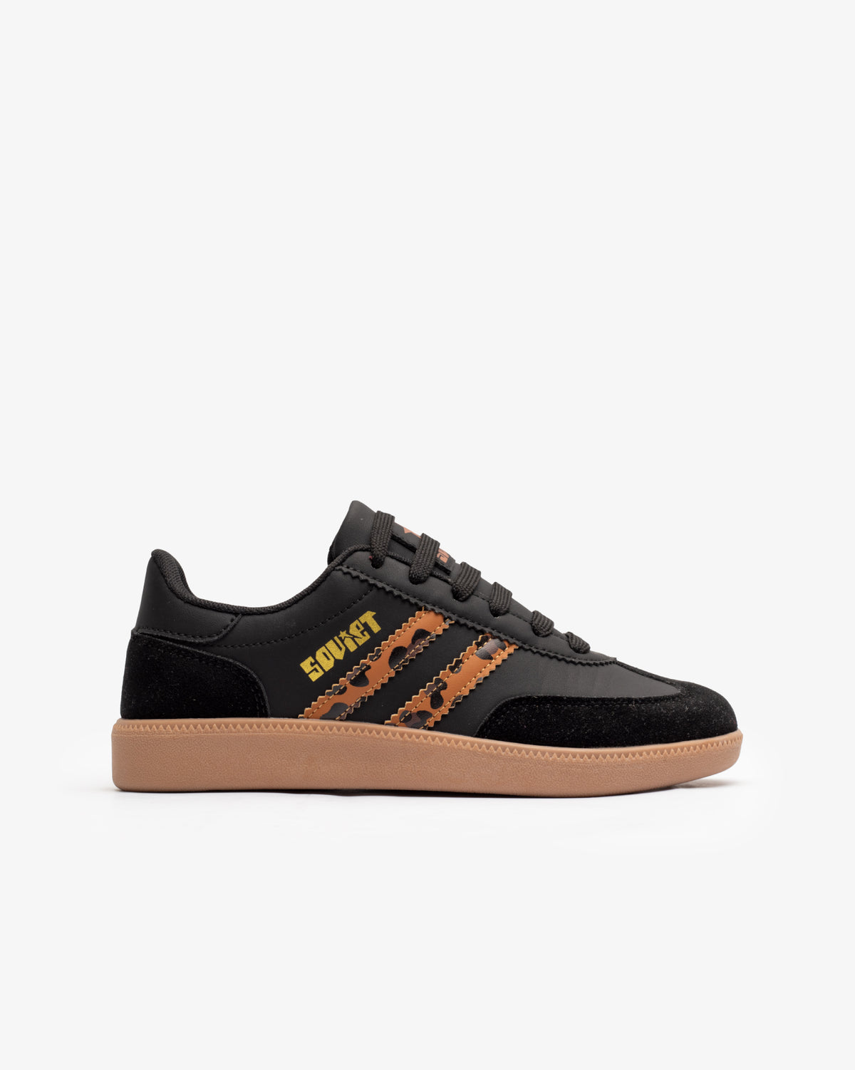 Black low cut casual sneaker for women by Soviet, featuring a leopard print design and comfortable footwear style.