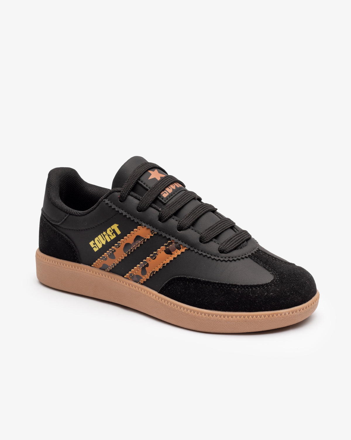 Black leopard print low cut casual sneaker for women by Soviet, showcasing stylish footwear with comfortable design.