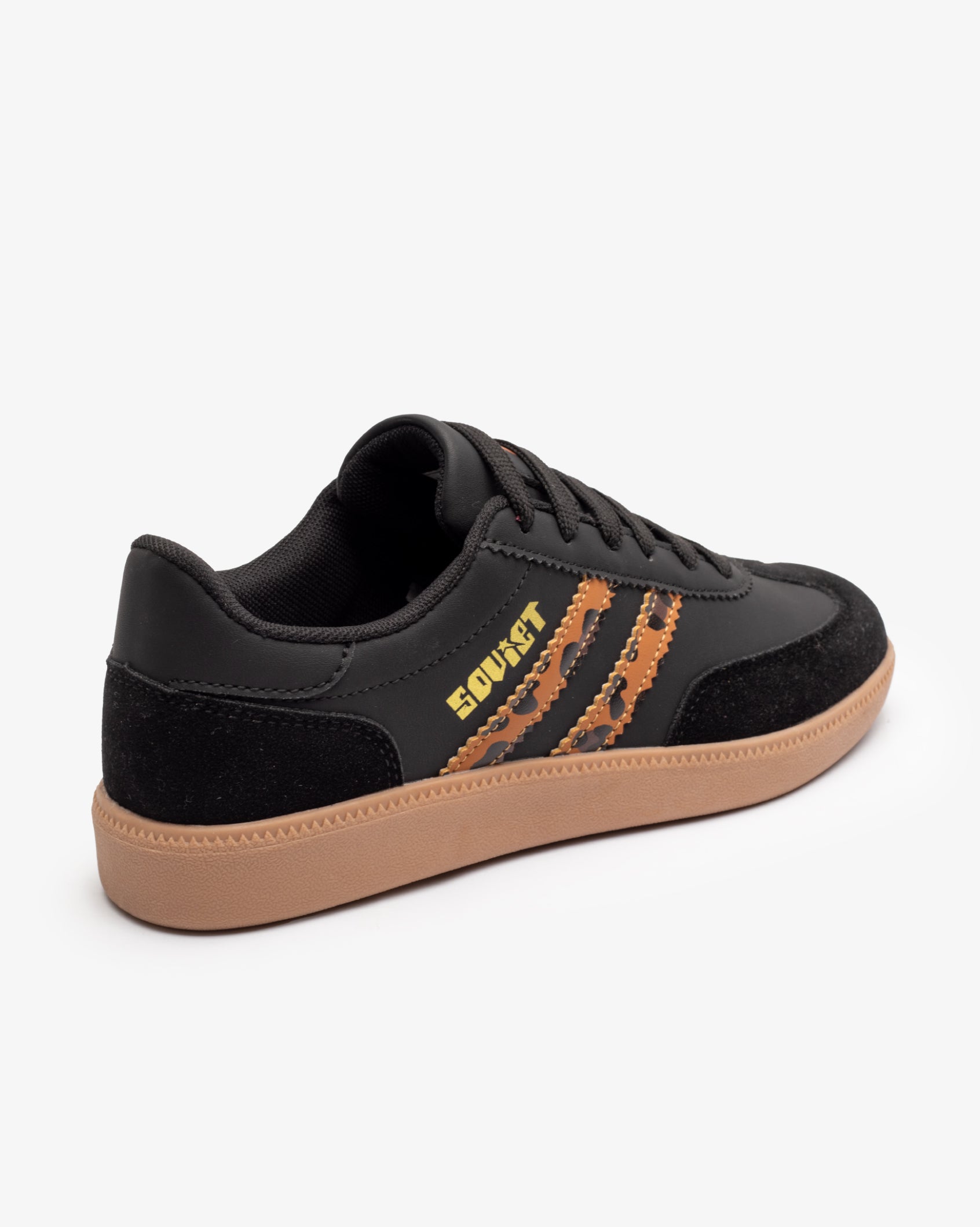 Black leopard print low cut casual sneaker for women by Soviet, showcasing stylish footwear with a comfortable design.