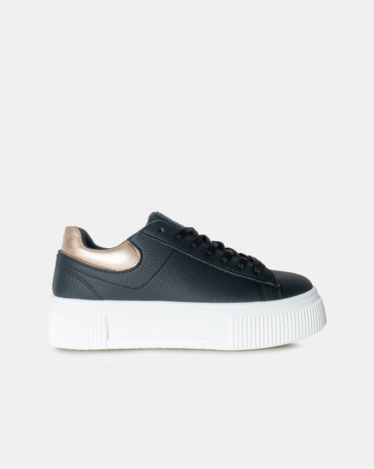 Ladies Reese Platform Sneaker with bronze detail in black - left