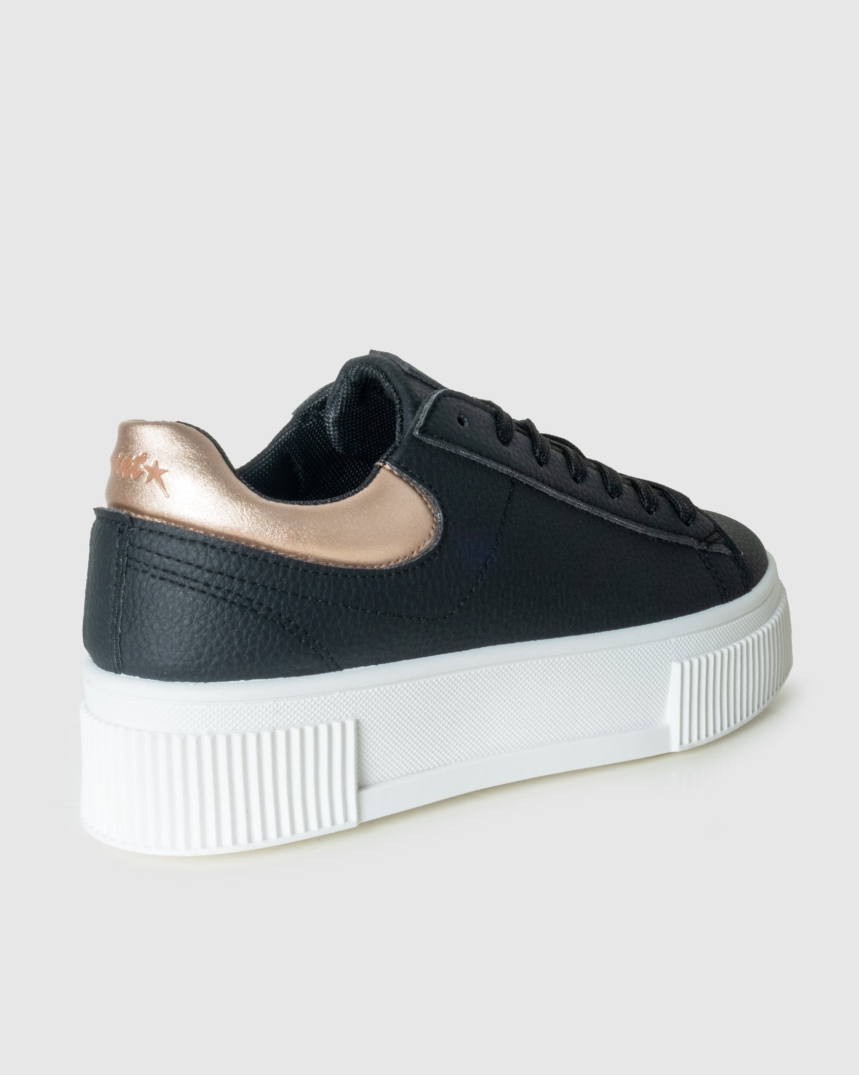 Ladies Reese Platform Sneaker with bronze detail in black - back