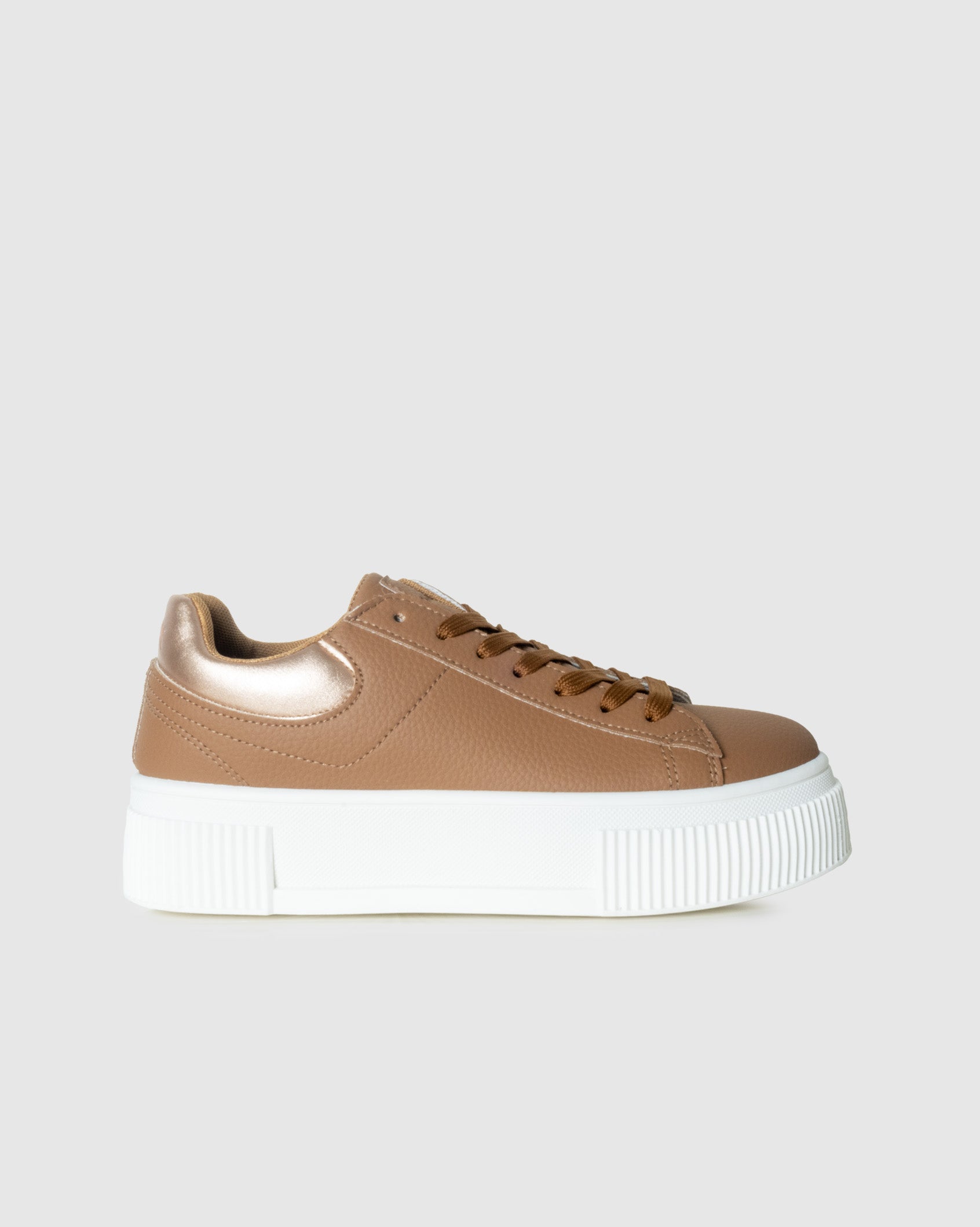 Ladies Reese Platform Sneaker with bronze detail in taupe- left