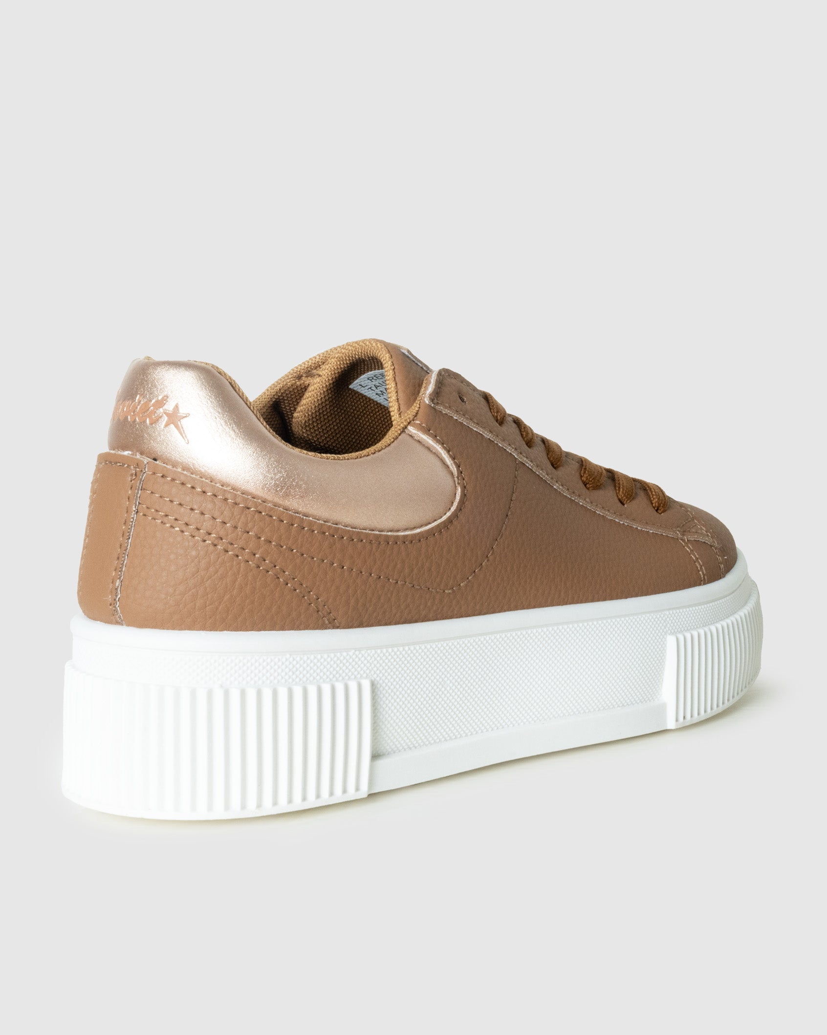 Ladies Reese Platform Sneaker with bronze detail in taupe- back