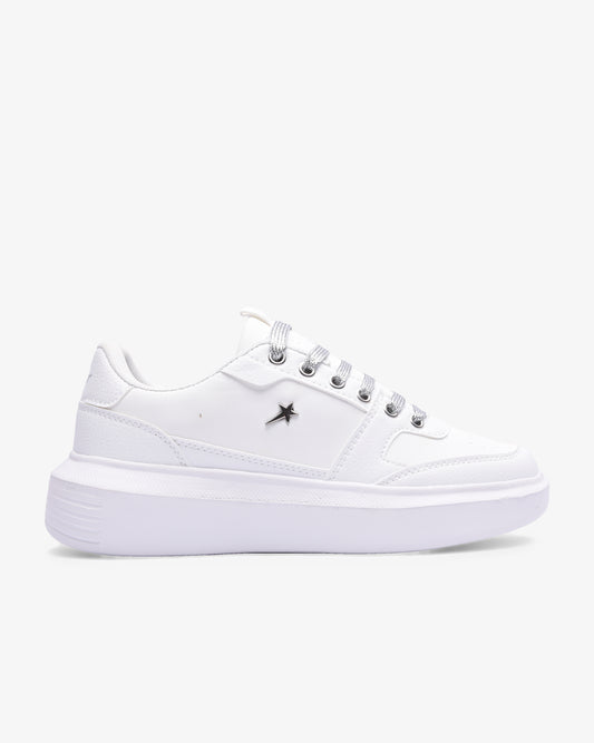 Ladies Sylvie PU lace-up platform sneaker in white and silver by Soviet, featuring a stylish design and chunky sole.