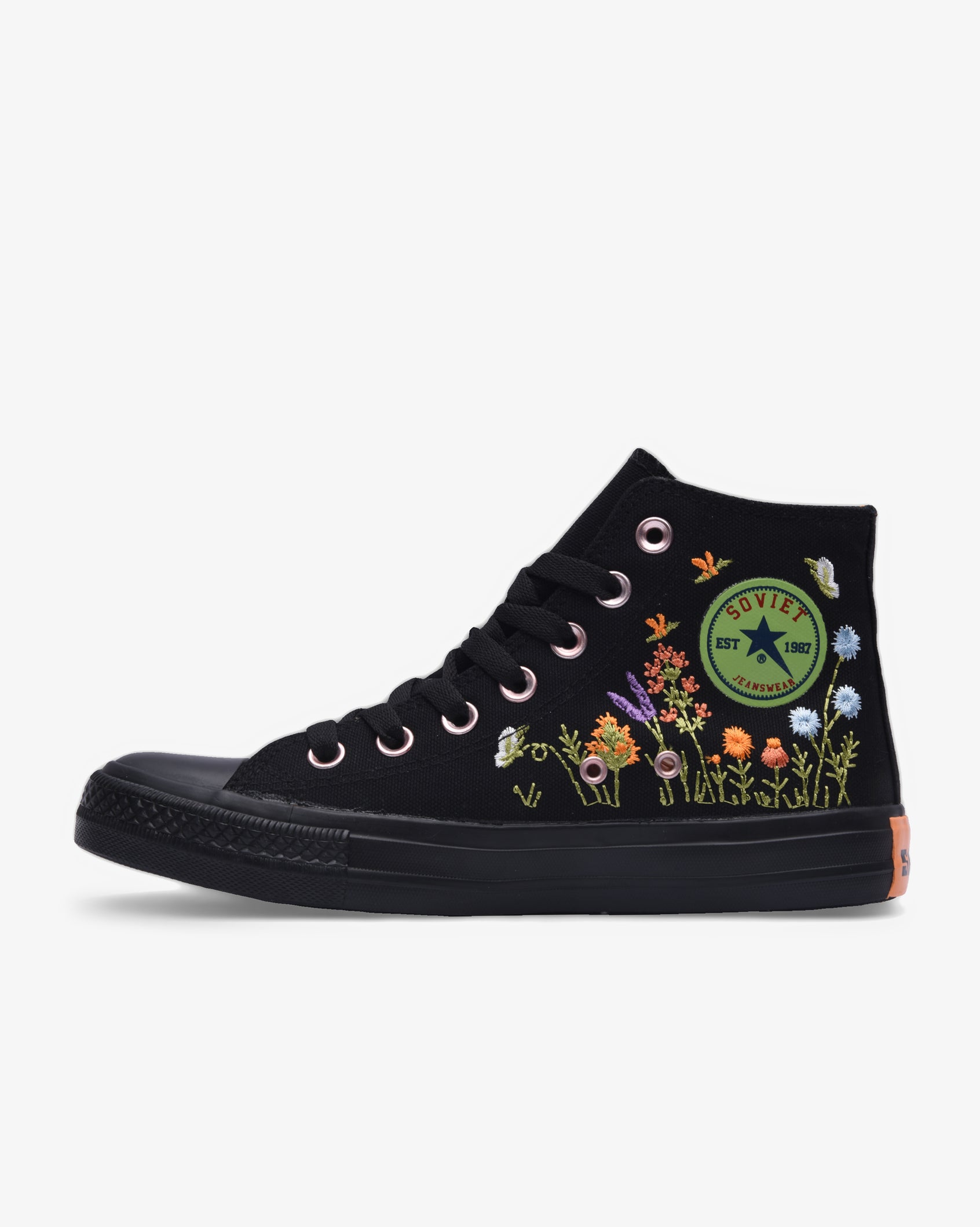 Ladies Viper Floral Hi Cut Canvas footwear by Soviet, black monochrome design with floral pattern and high-cut style.
