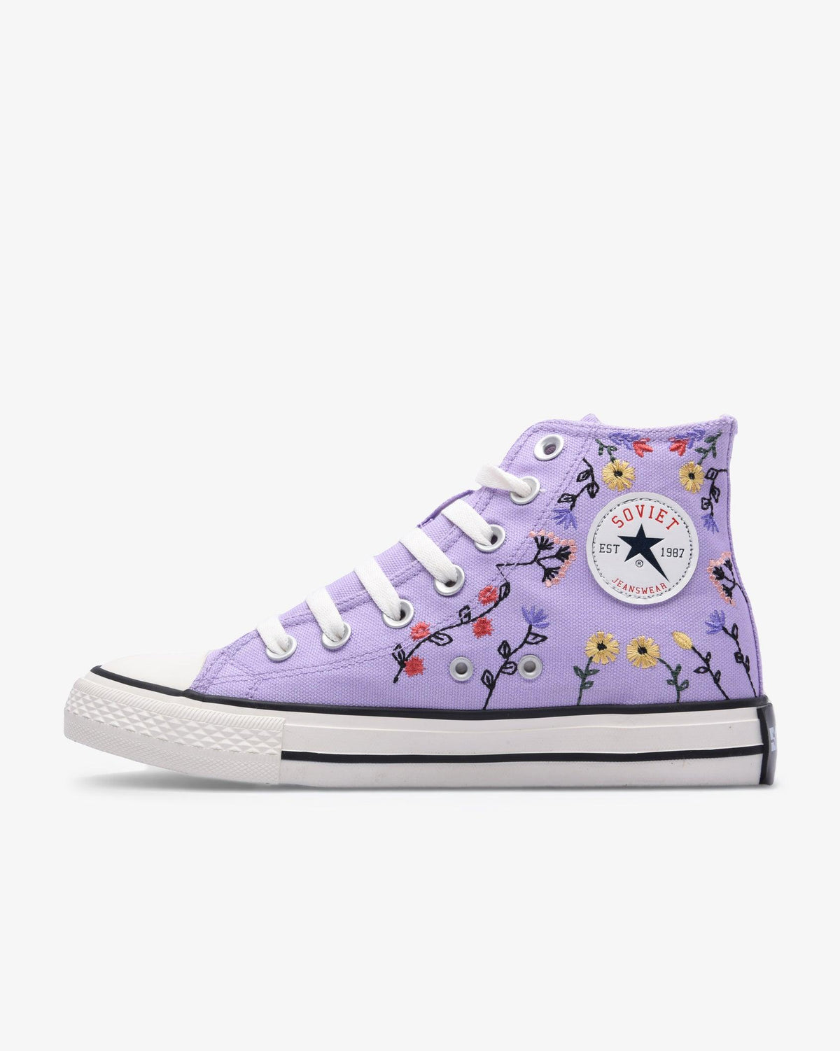 Soviet Ladies Viper Floral high-cut canvas footwear in lilac and cream with vibrant floral patterns and comfortable design.