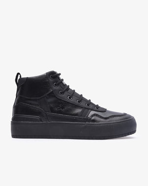 Soviet men's Augustine coated mixed media upper sneaker in black, showcasing a stylish footwear design with textured and smooth materials.