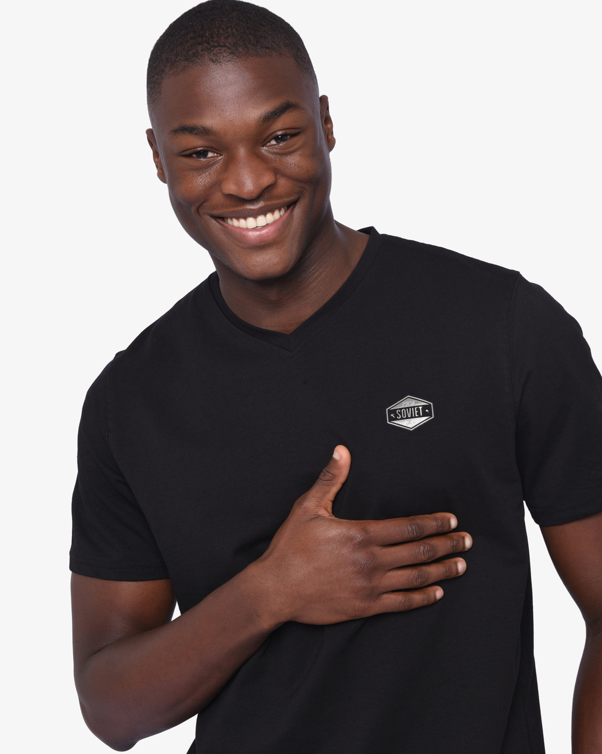 Men's black Soviet short sleeve V-neck T-shirt, casual apparel, displayed on a hanger with a plain background.