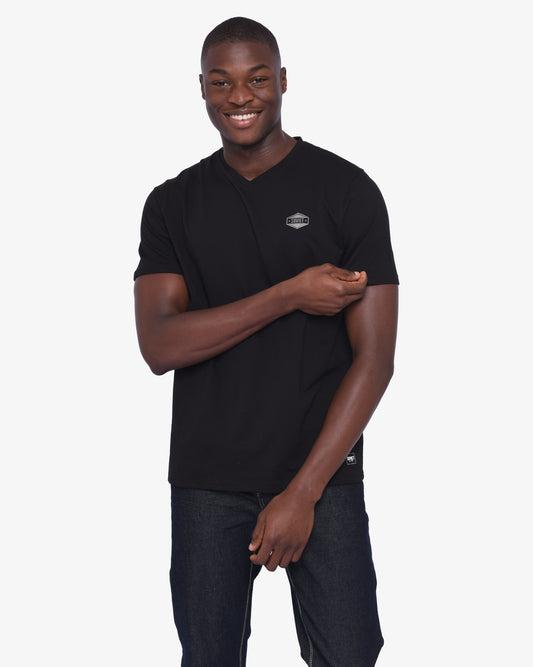 Black men's short sleeve V-neck T-shirt by Soviet, displayed on a mannequin with visible fabric texture and fit details.