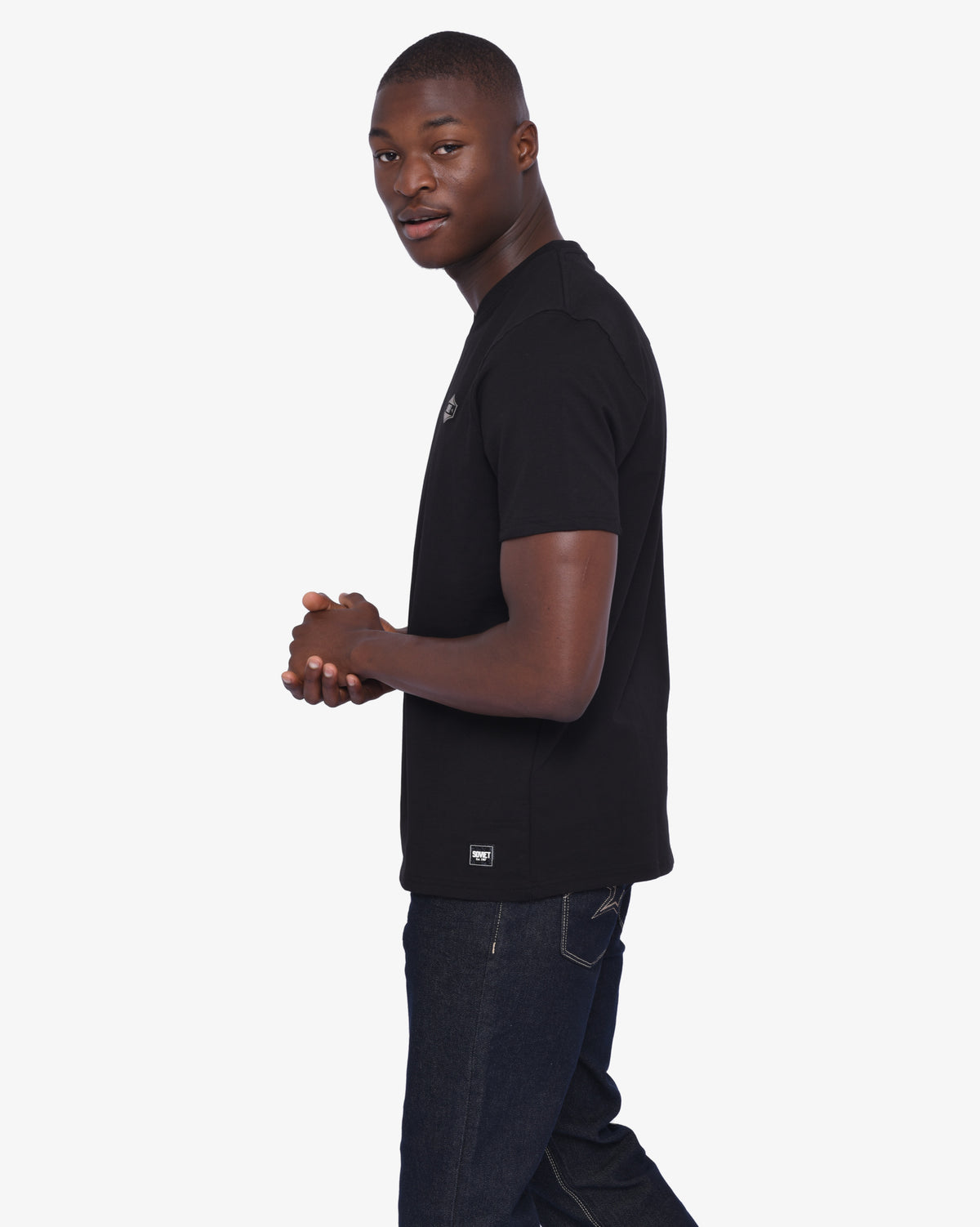 Men's black Soviet short sleeve V-neck T-shirt displayed on a hanger, casual men's apparel with a V-neck design.