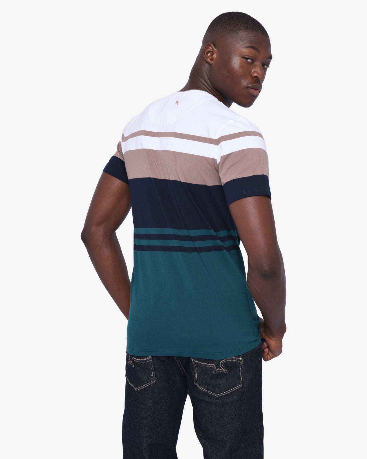 White men's cage short sleeve V-neck yarn dye T-shirt by Soviet, showing the fitted crew neck and textured fabric details.