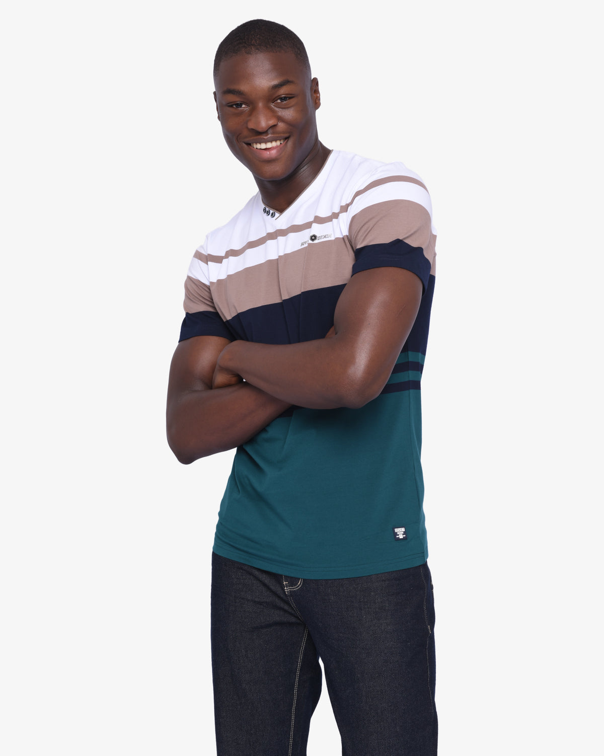 Men's white short sleeve V-neck T-shirt with yarn dye pattern from Soviet, casual men's apparel featuring a comfortable fit.