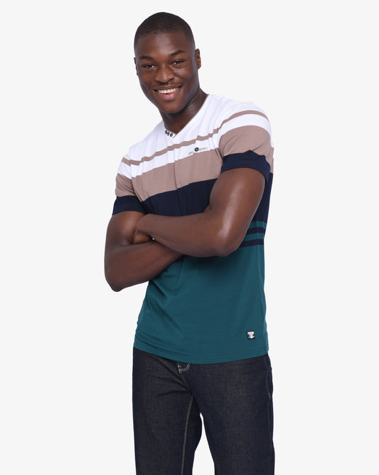 Men's white short sleeve V-neck T-shirt with yarn dye pattern from Soviet, casual men's apparel featuring a comfortable fit.