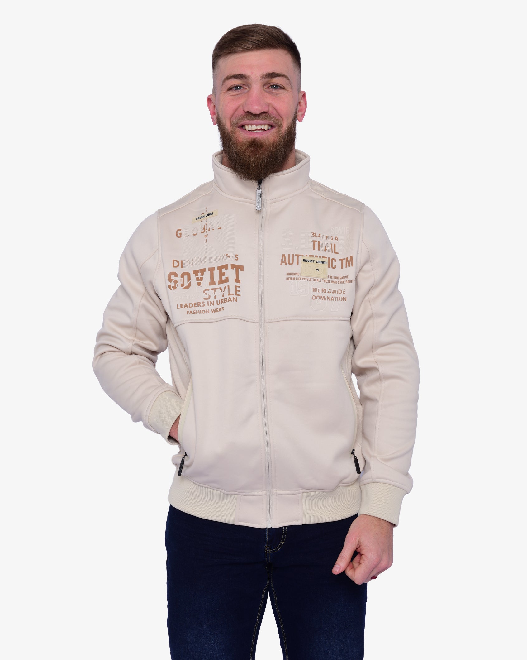 Soviet Mens Dempsey print jacket in light sand color, stylish apparel with a modern design and printed pattern.