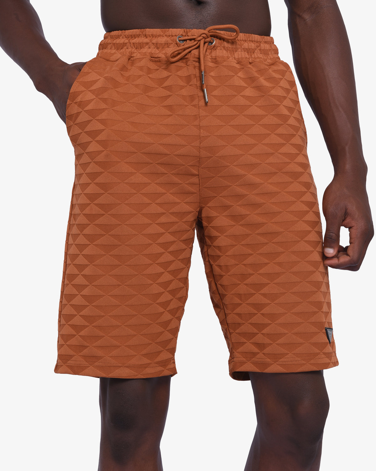 Mens Soviet Ford track shorts in caramel color, featuring athletic design and comfortable fit, ideal for sports and casual wear.