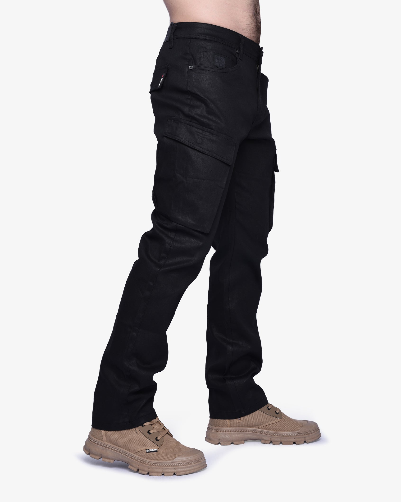 Men's Soviet Jerry wax finish denim cargo pants with multiple pockets, black color, casual men's apparel.