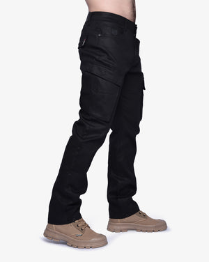 Men's Soviet Jerry wax finish denim cargo pants with multiple pockets, black color, casual men's apparel.