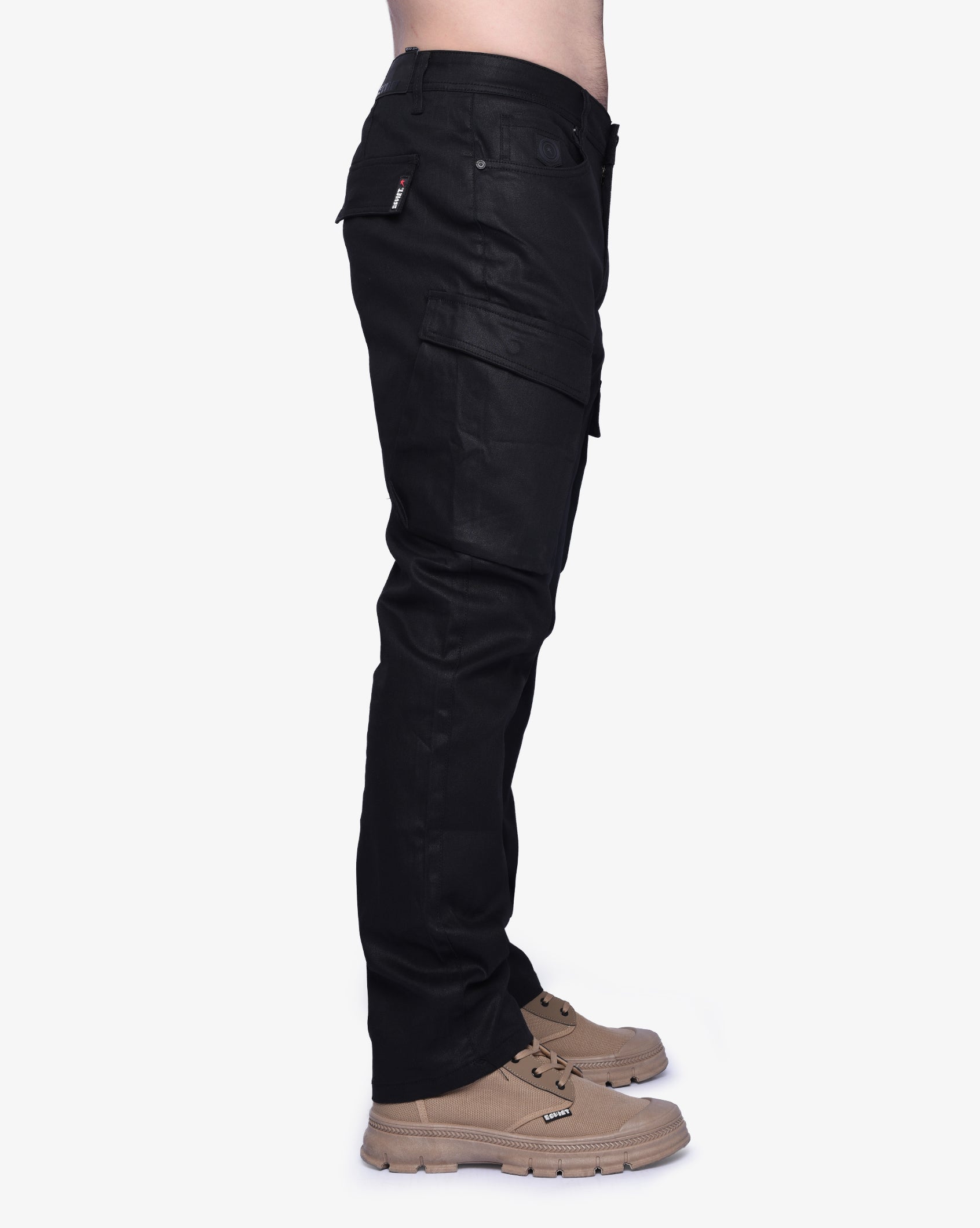 Men's Soviet Jerry wax finish denim cargo pants, black, with multiple pockets and rugged style, casual men's apparel.