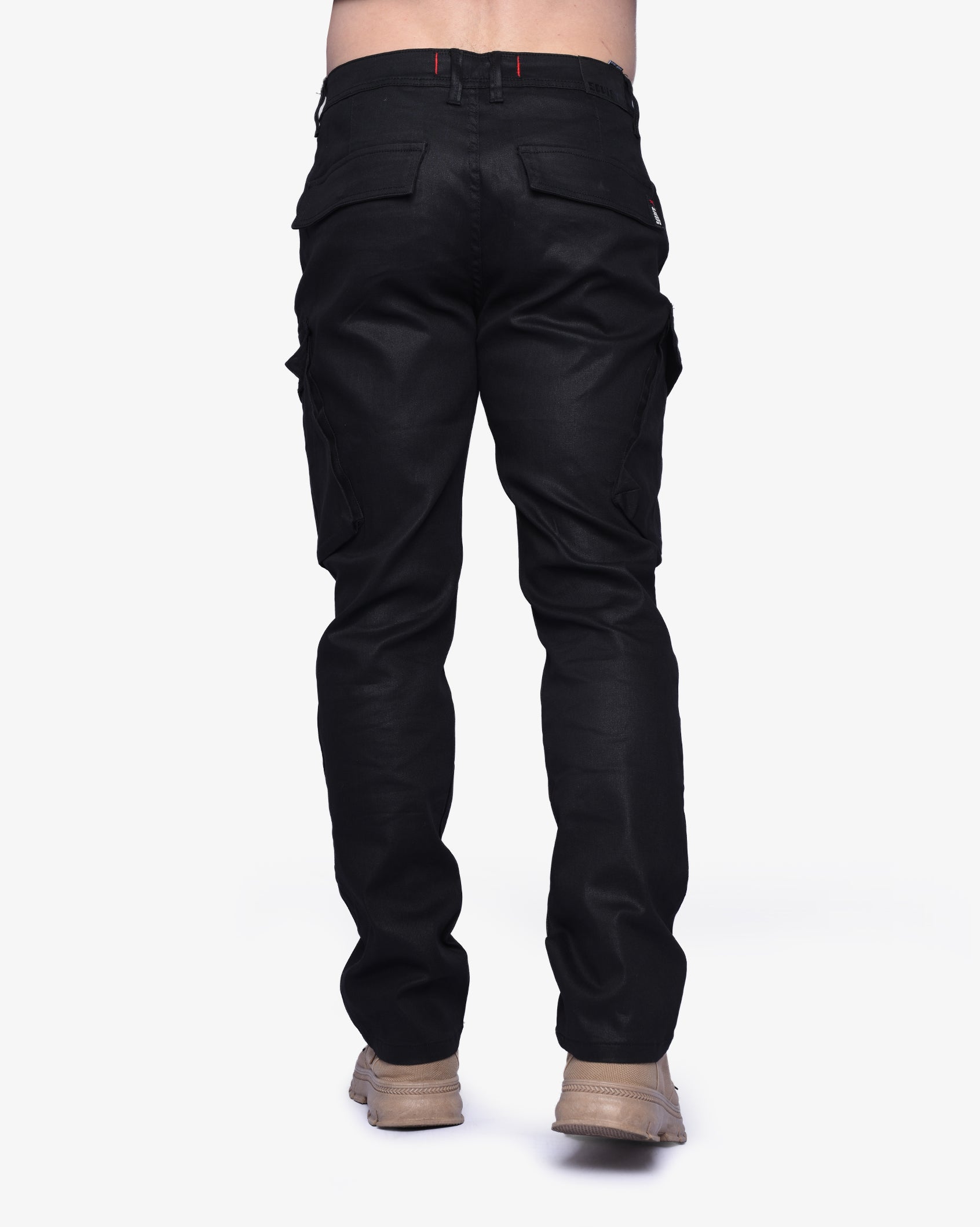 Mens Soviet Jerry wax finish denim cargo pants, black apparel with rugged style and multiple pockets.