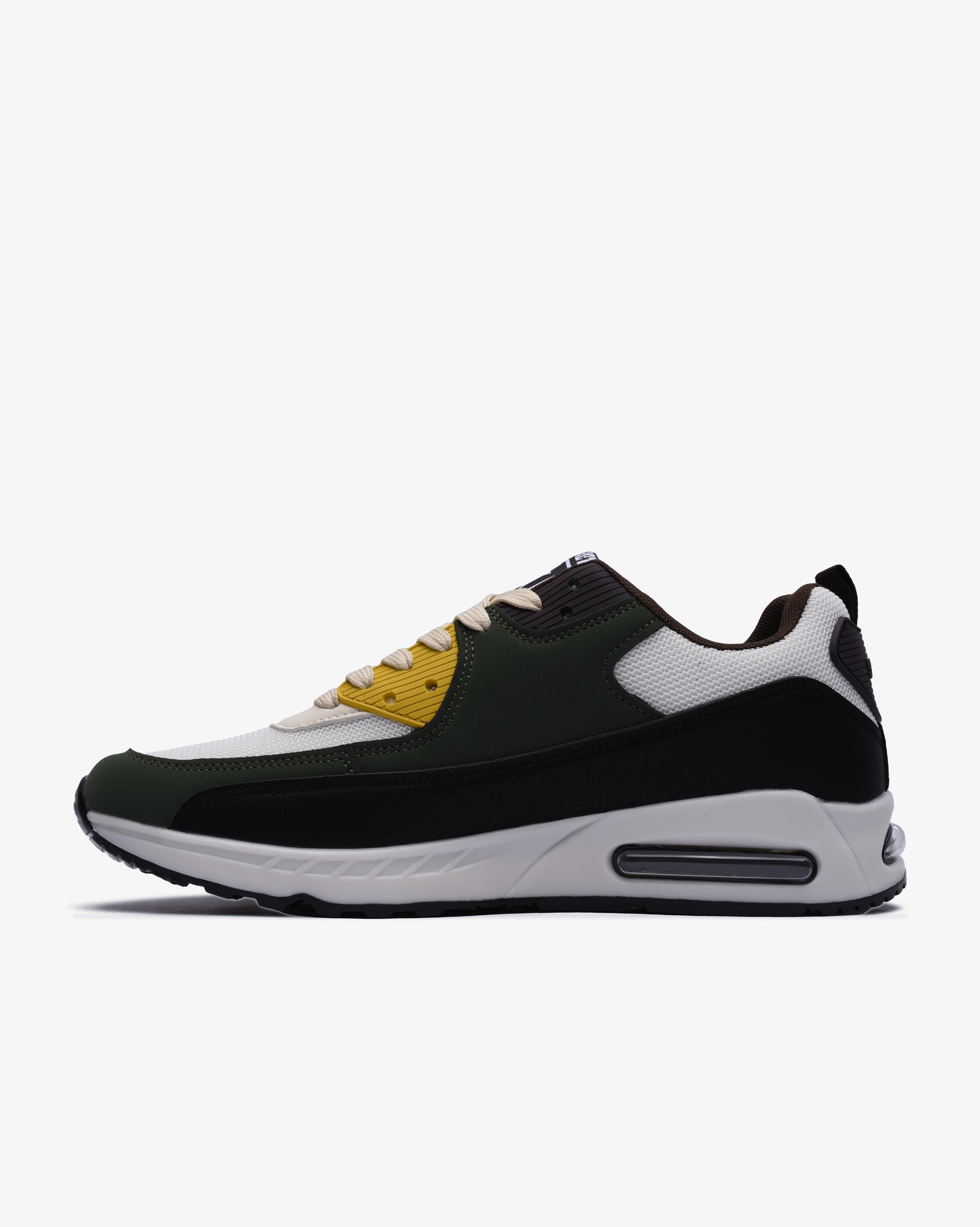 Men's air-cushioned athleisure sneaker, dark olive with white sole and mustard accents