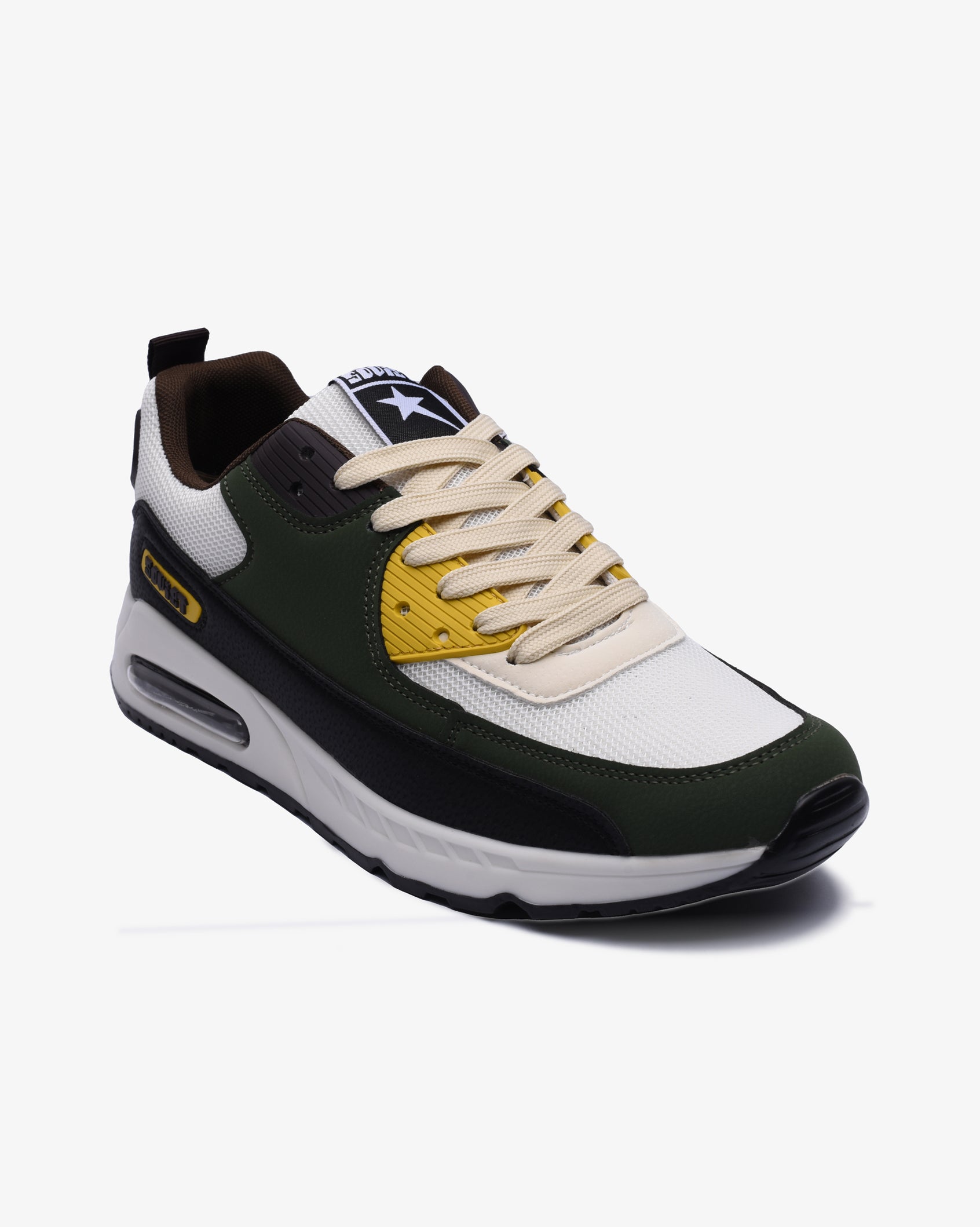 Men's Kirk Airbubble sneaker 3/4 view, white upper with dark green overlay and yellow lace