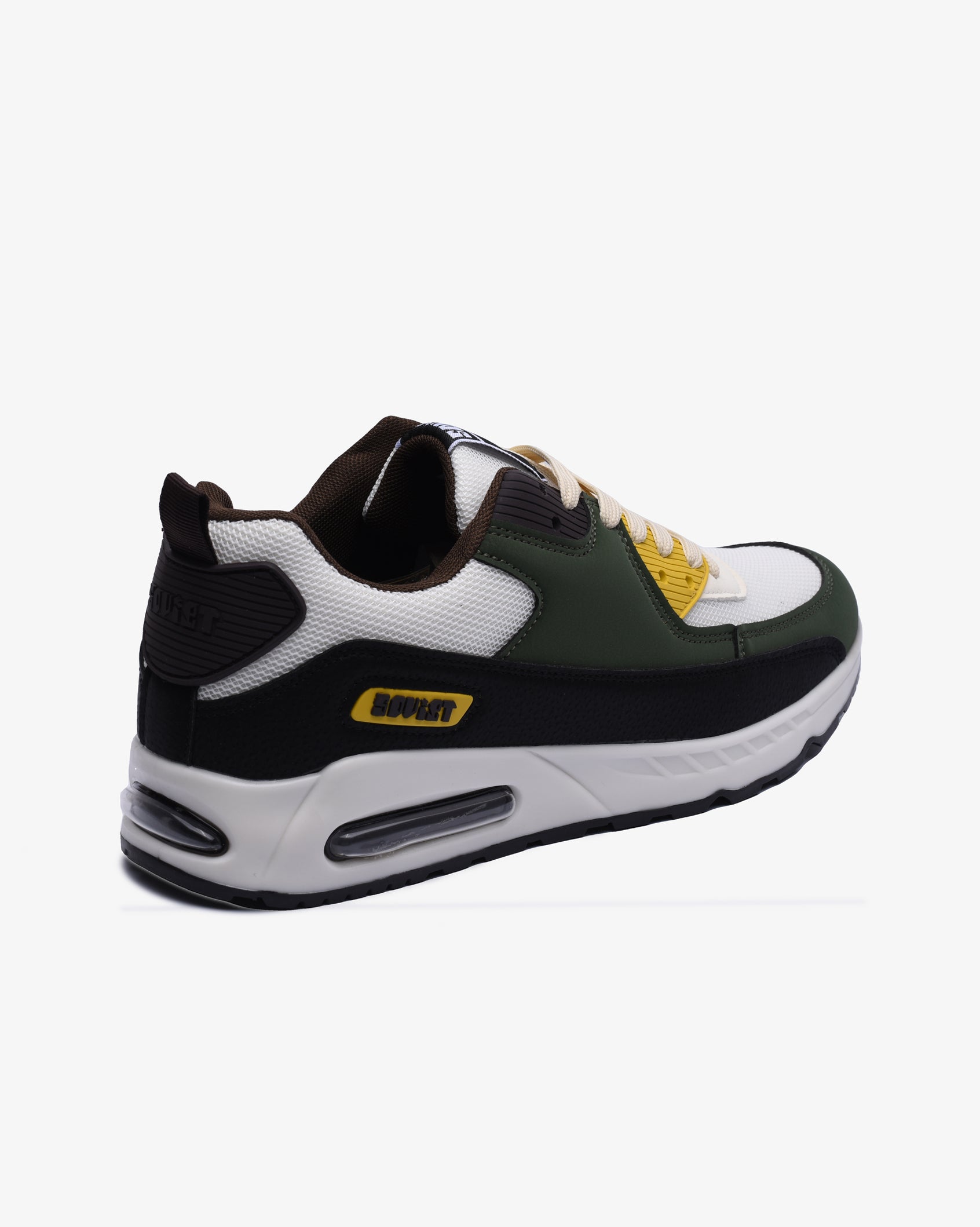 Men's Kirk Airbubble sneaker back view, black heel with green and yellow side panels