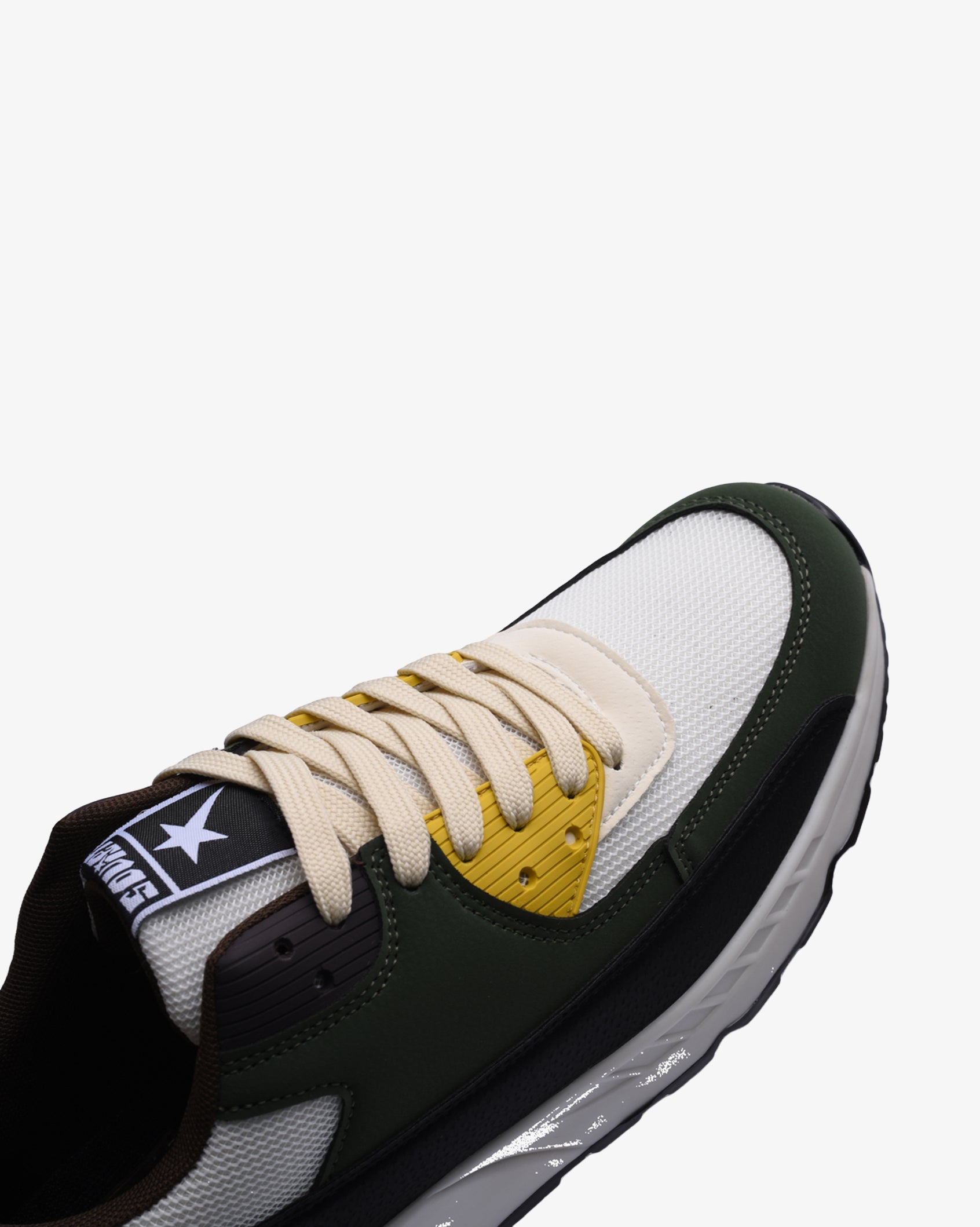 Men's Kirk Airbubble sneaker in white mesh with dark green panels and yellow accents