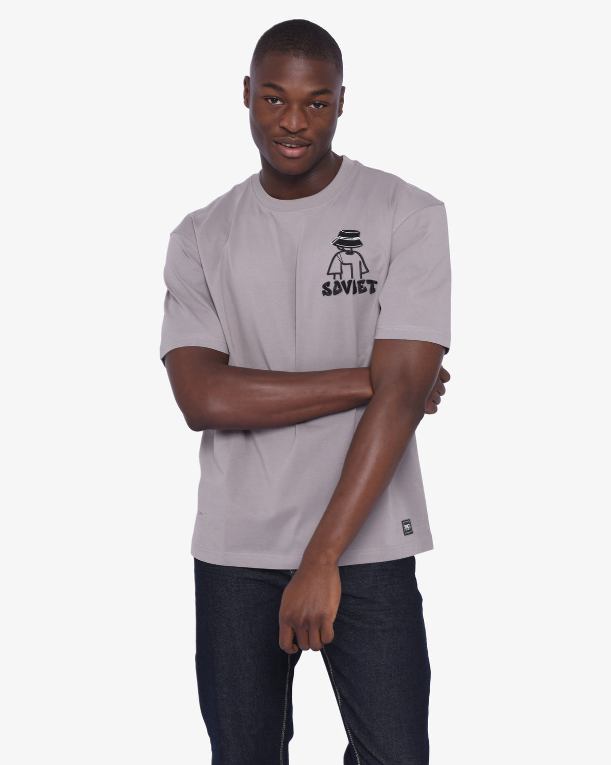 Grey men's Liam App short sleeve box fit fashion T-shirt by Soviet, displayed flat with front view and crew neckline.
