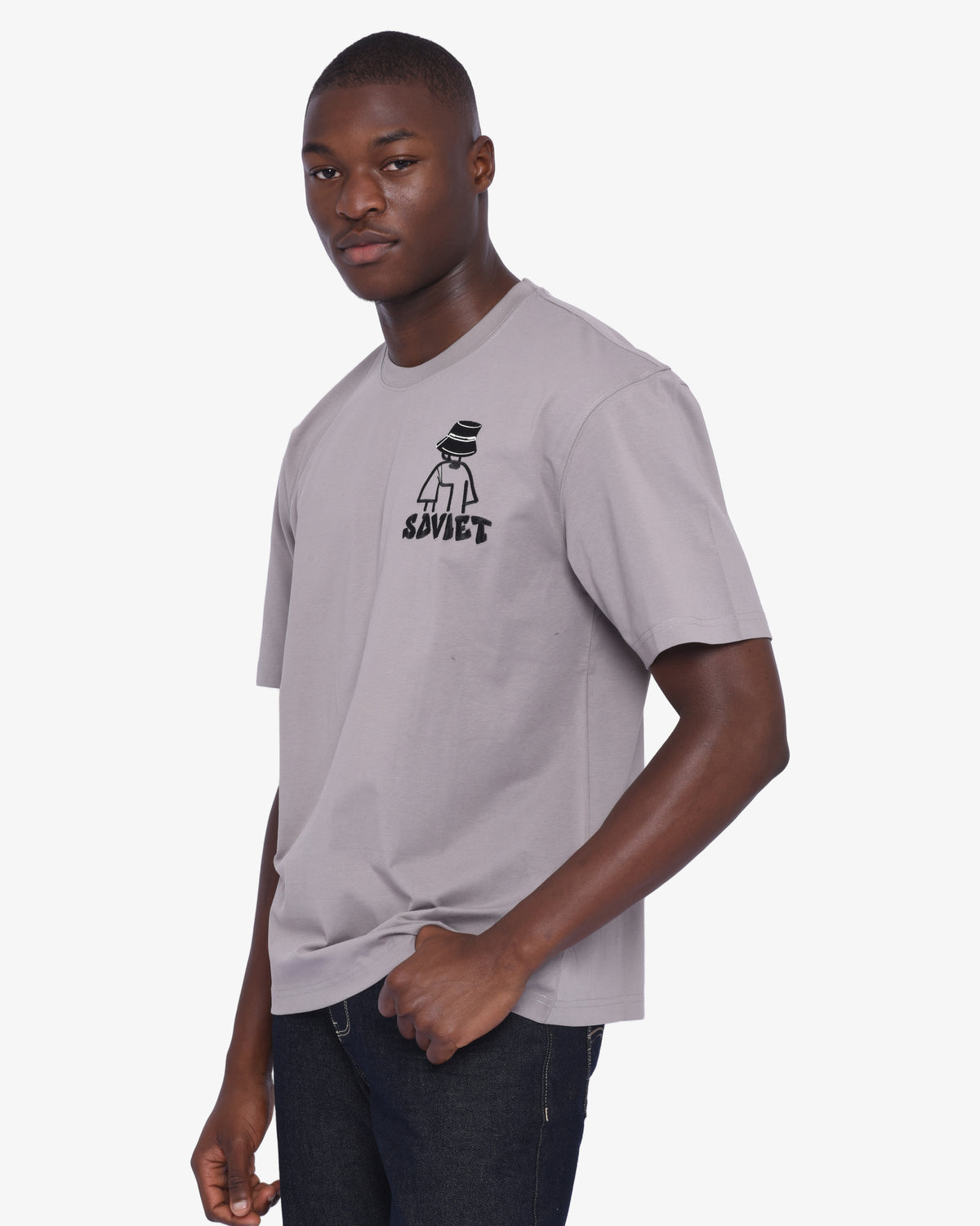 Soviet men's Liam App short sleeve box fit fashion t-shirt in grey, casual apparel with a modern, minimalist design.