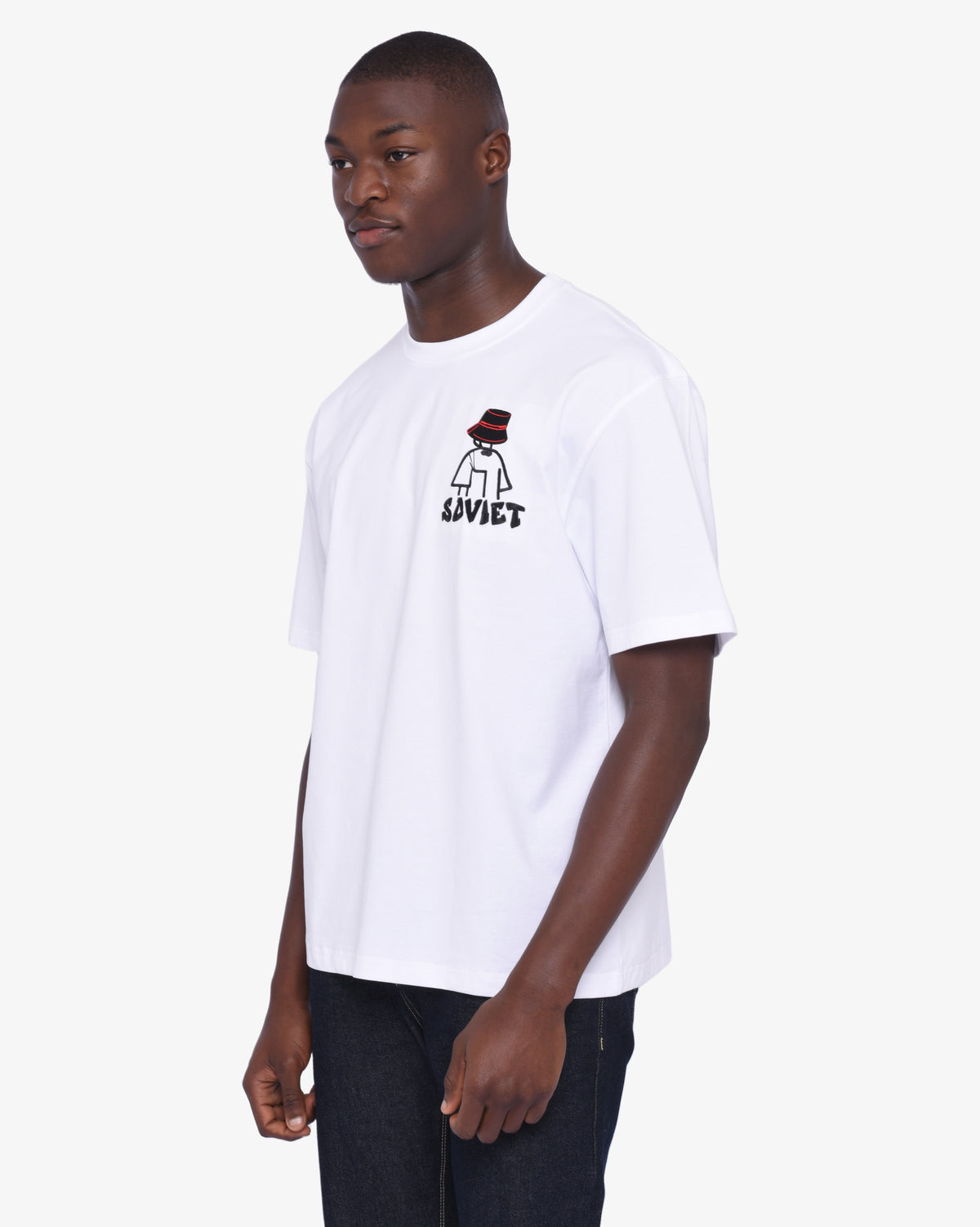 White men's short sleeve box fit fashion T-shirt by Soviet, displayed on a hanger against a plain background.