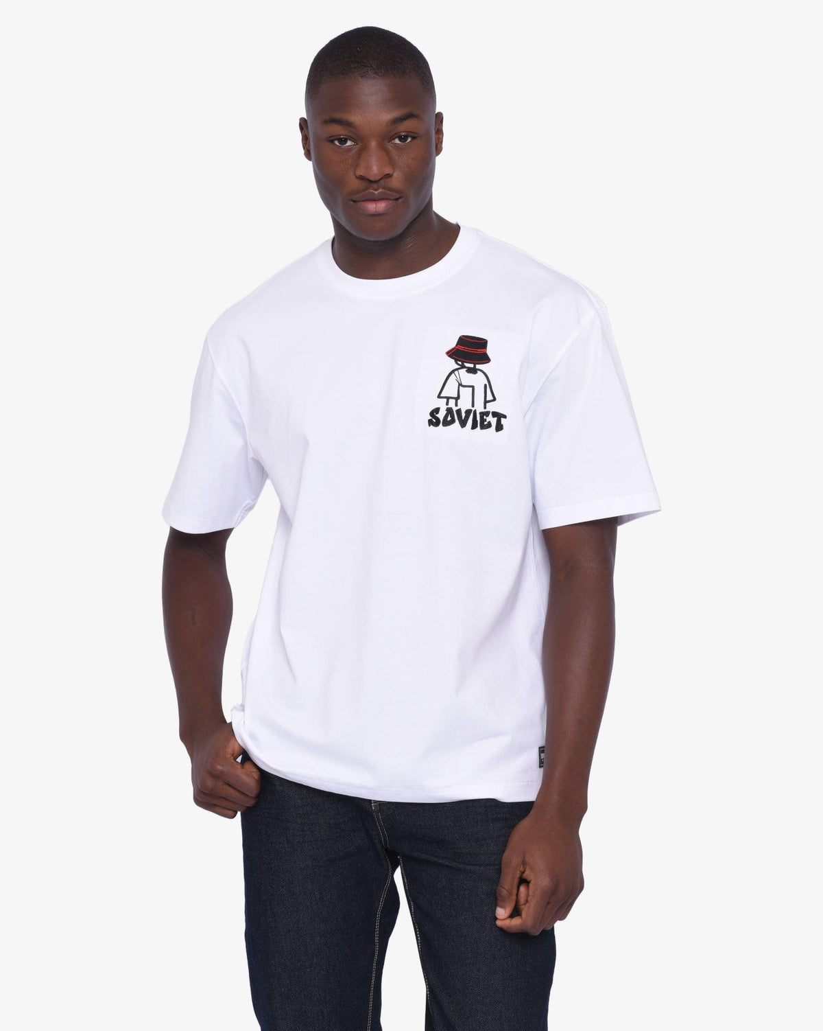 White men's Liam App short sleeve box fit fashion T-shirt by Soviet, displayed flat with front view and minimal background.