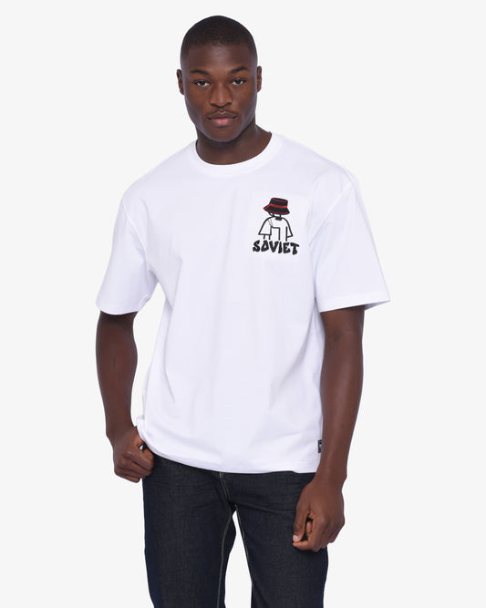 White men's Liam App short sleeve box fit fashion T-shirt by Soviet, displayed flat with front view and minimal background.