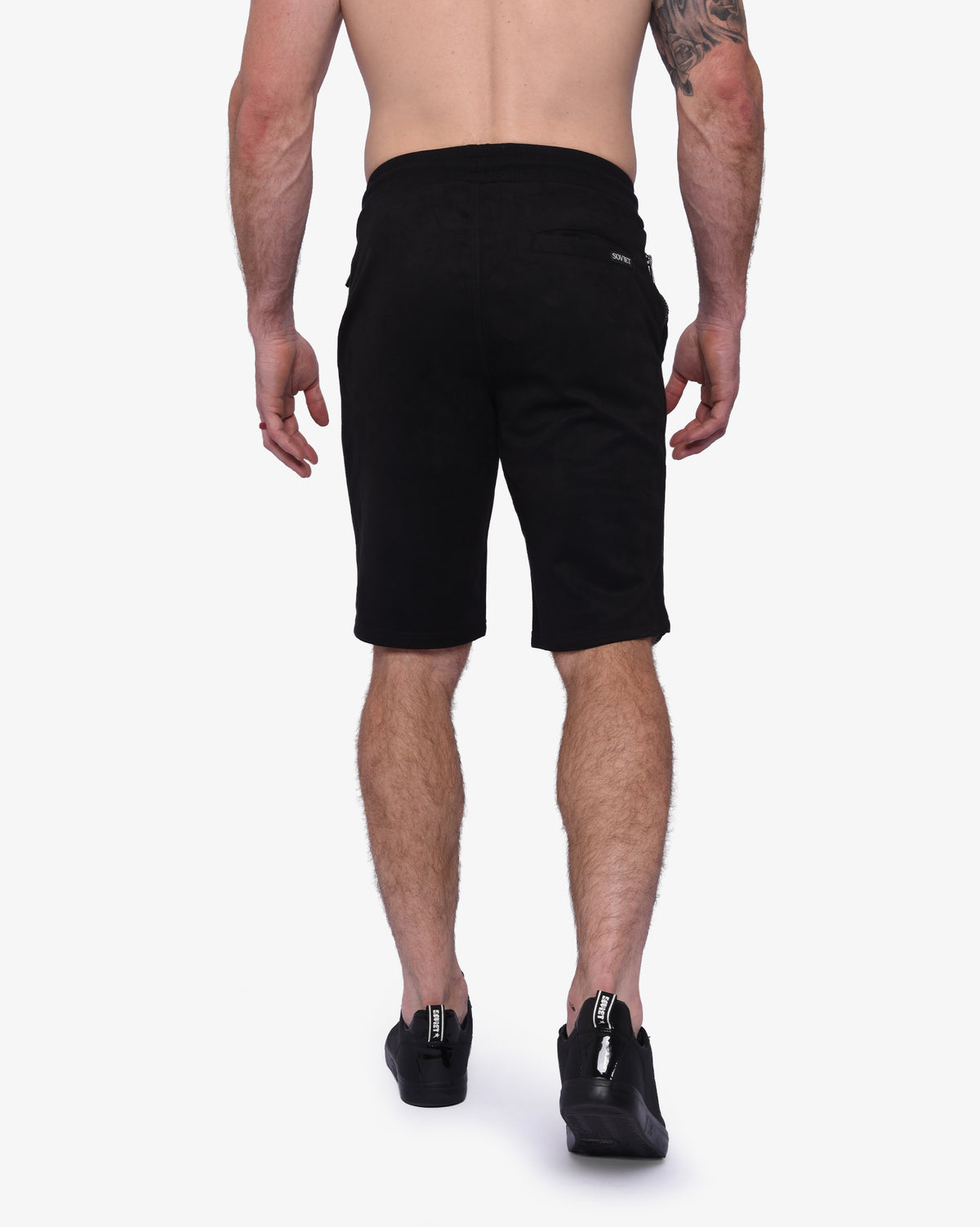 Black velvety men's medal track shorts by Soviet, featuring a comfortable fit and stylish sporty design.