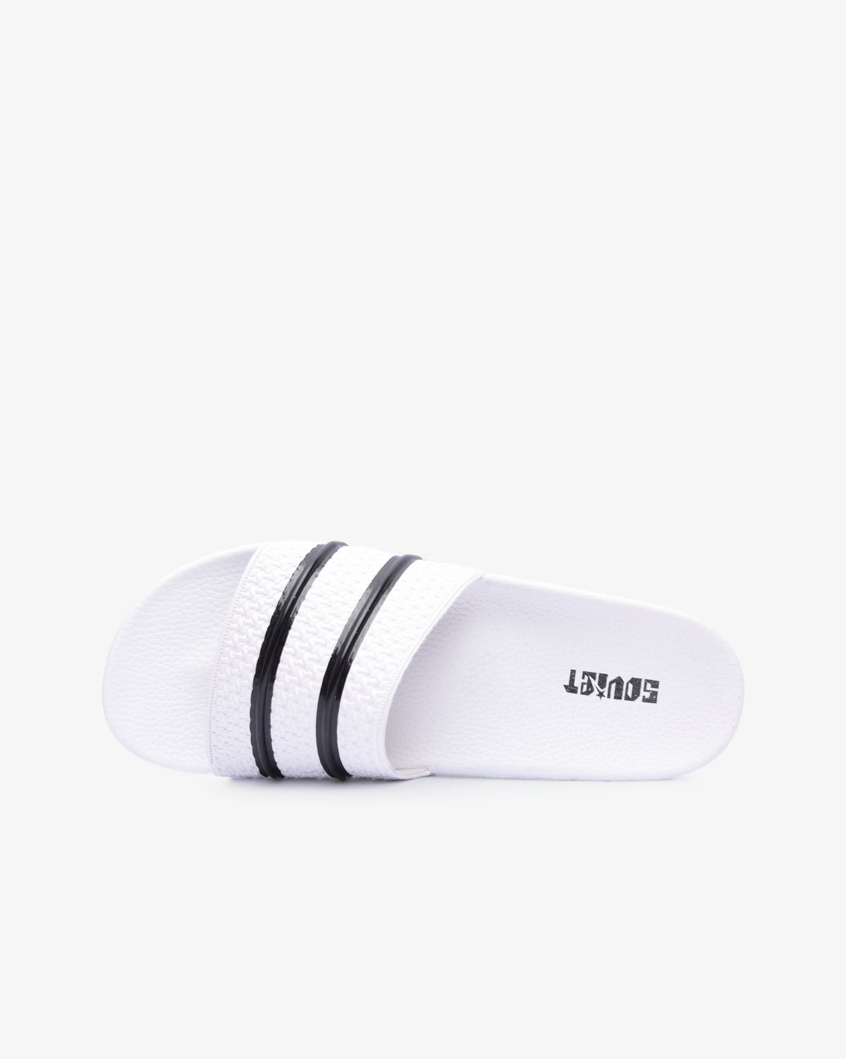 Soviet Mens Quest casual slider footwear in white and black with cushioned soles and open-toe design, perfect for everyday wear.