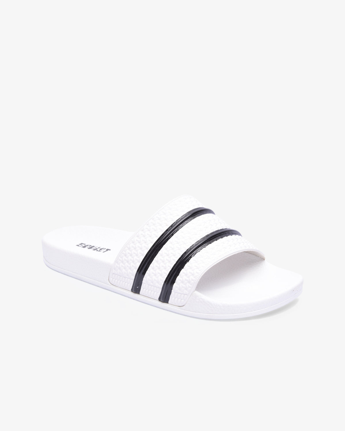 Mens Soviet Quest casual slider footwear in white and black with cushioned footbed and open-toe design.